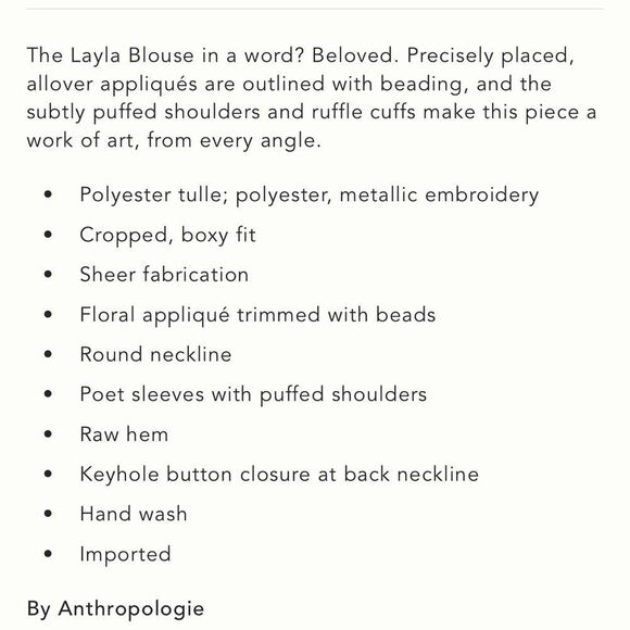Anthropologie The Layla Long Sleeve appliqué Mesh Blouse in Light Sand NWOT - Picture 4 of 7